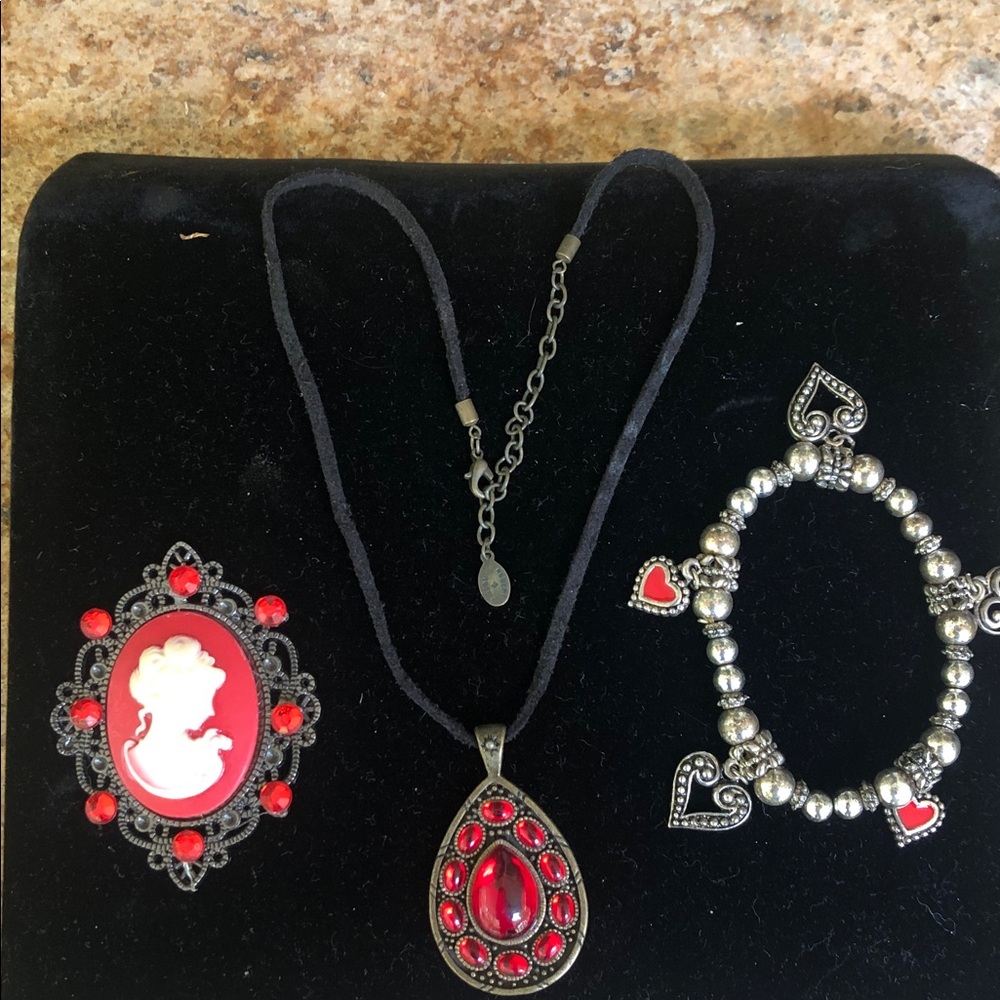 Vintage Jewelry Set with Robert Rose Pendant, Cameo and Heart Charm Bracelet.